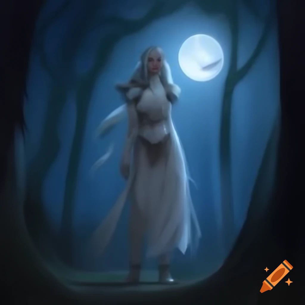 Warrior heiress in white dress with moon iconography in misty enchanted forest under full moon