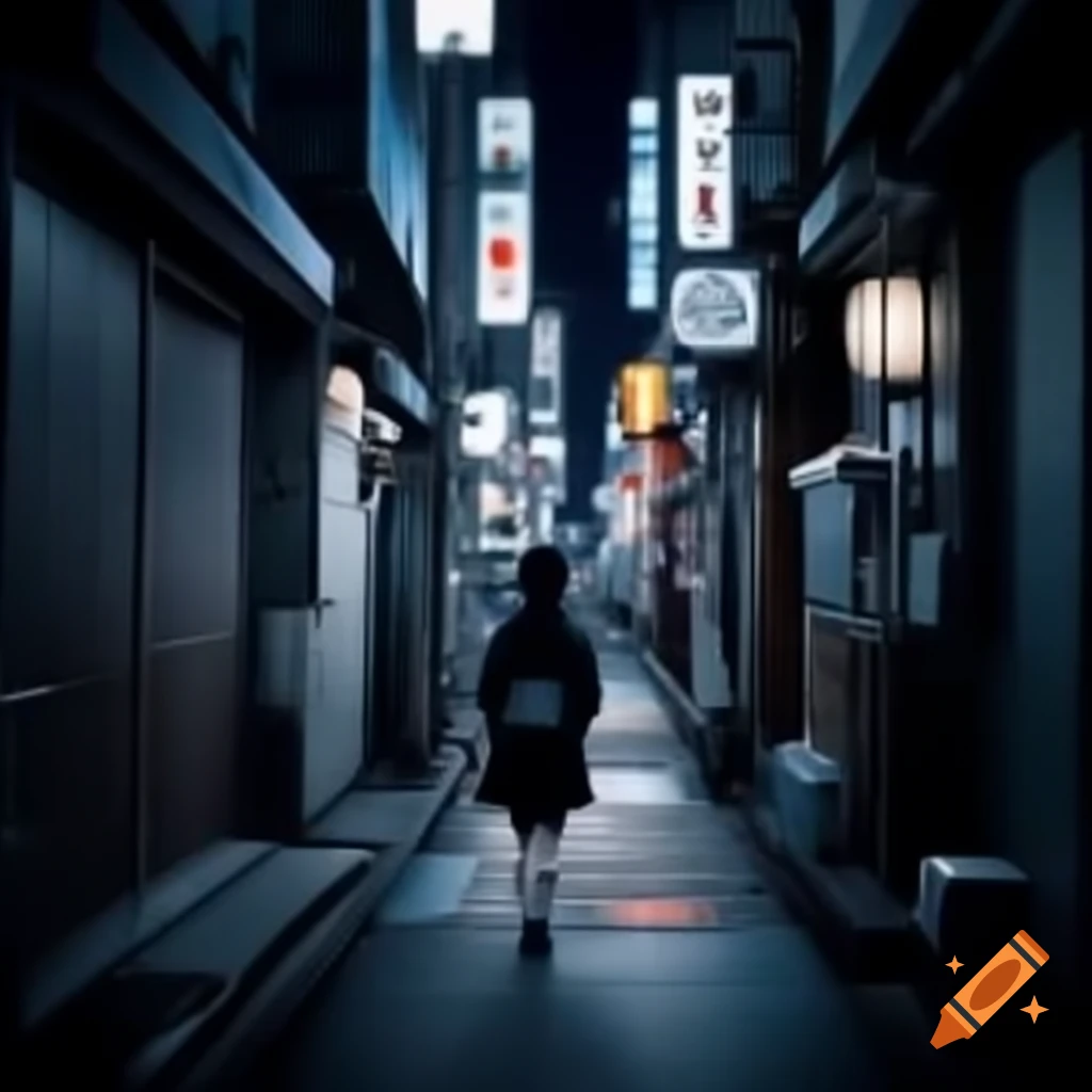 Solitary girl walking in empty Tokyo street at evening