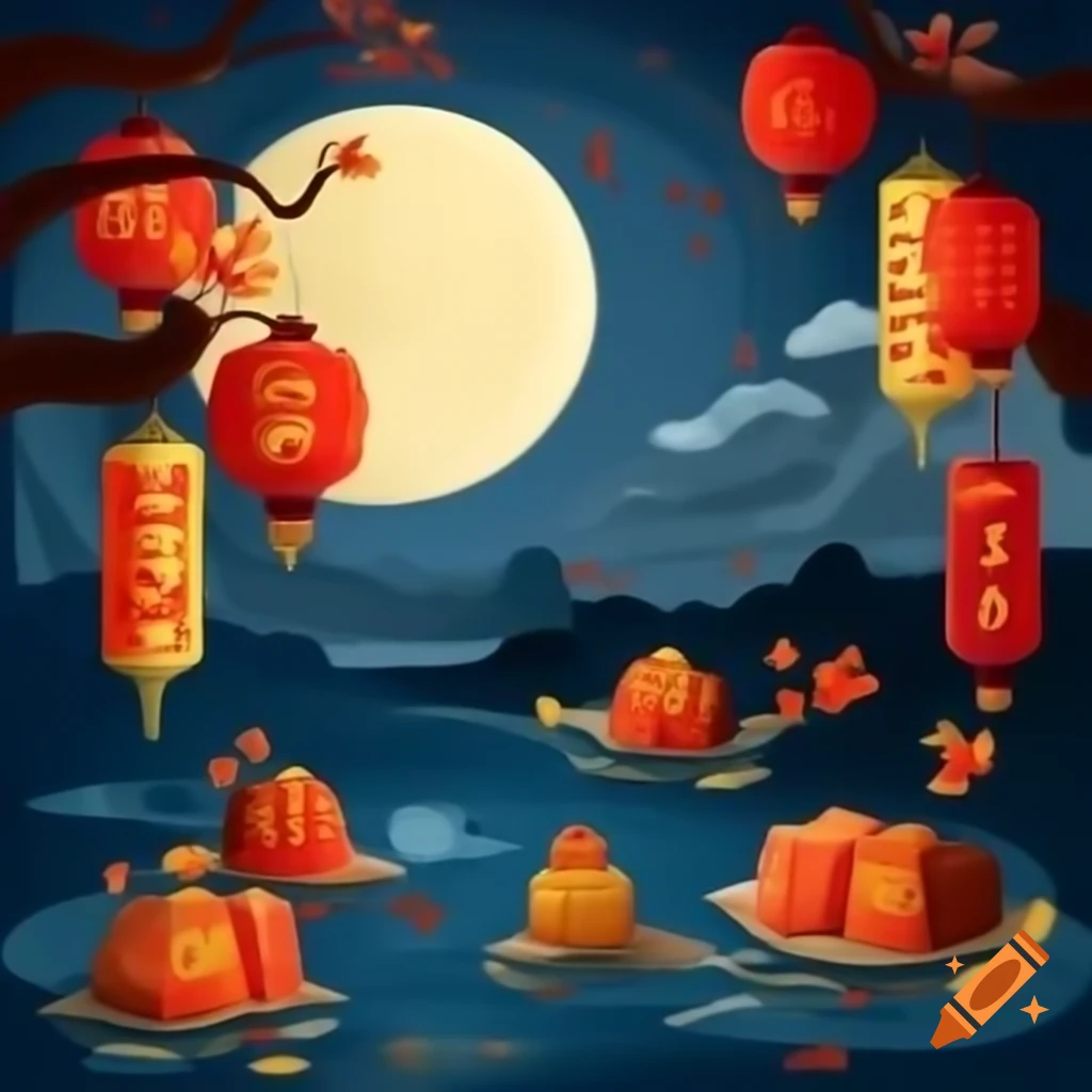 Watercolor depiction of Chinese Mid-Autumn Festival with moon, lanterns, and mooncakes