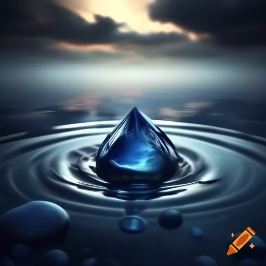 Sleek obsidian teardrop falling into serene crystalline lake
