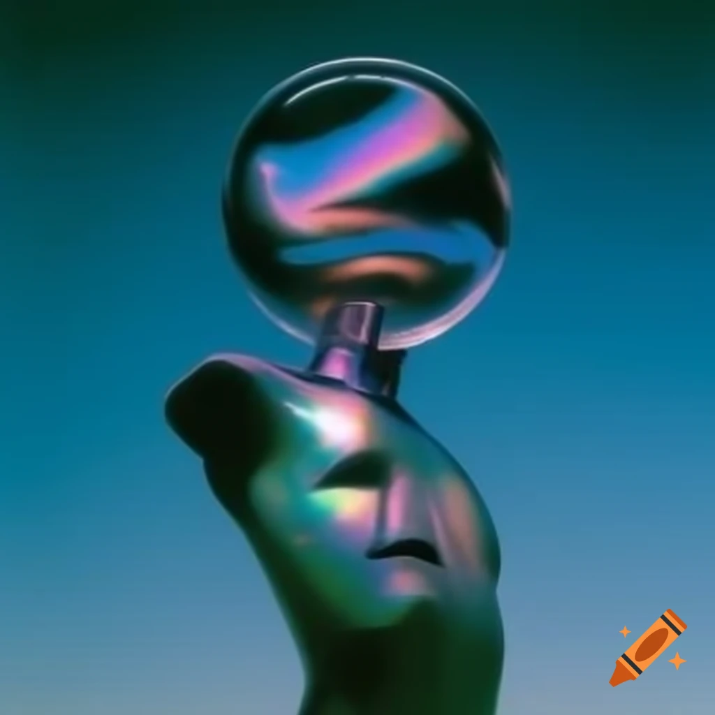 Pop surreal photography featuring iridescent glass statue