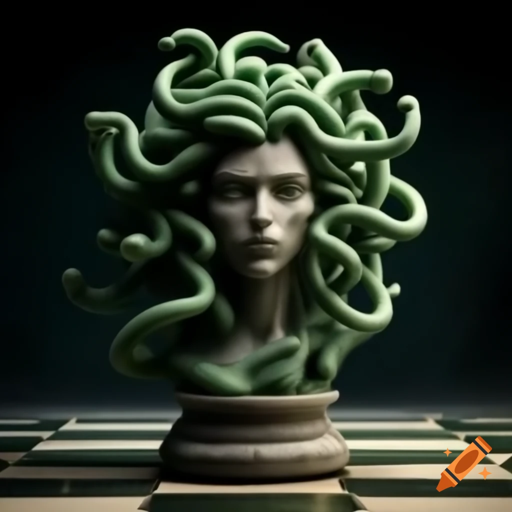 Medusa sculpture in chess form, exuding mythical allure