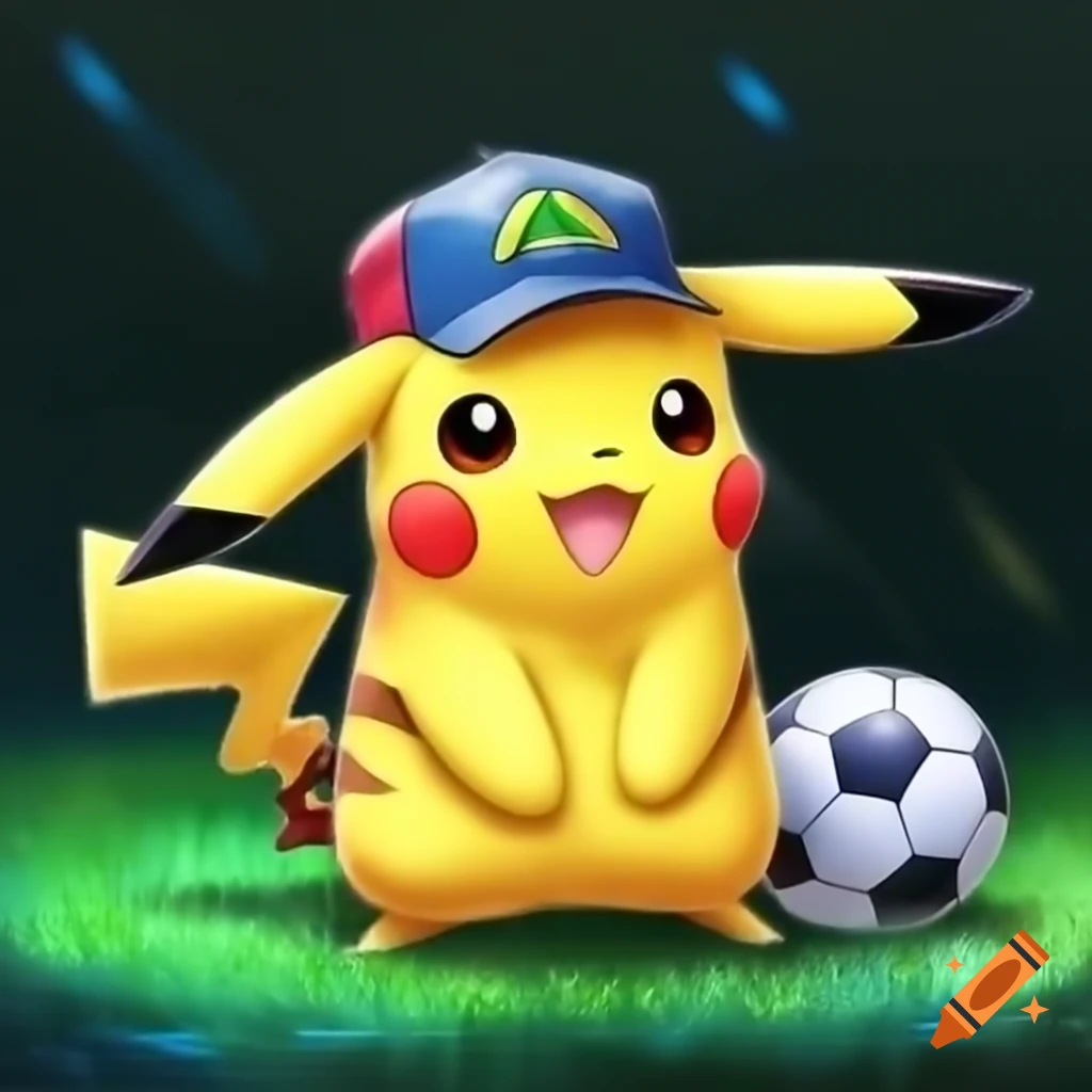 Pikachu wearing cap and raincoat with a football