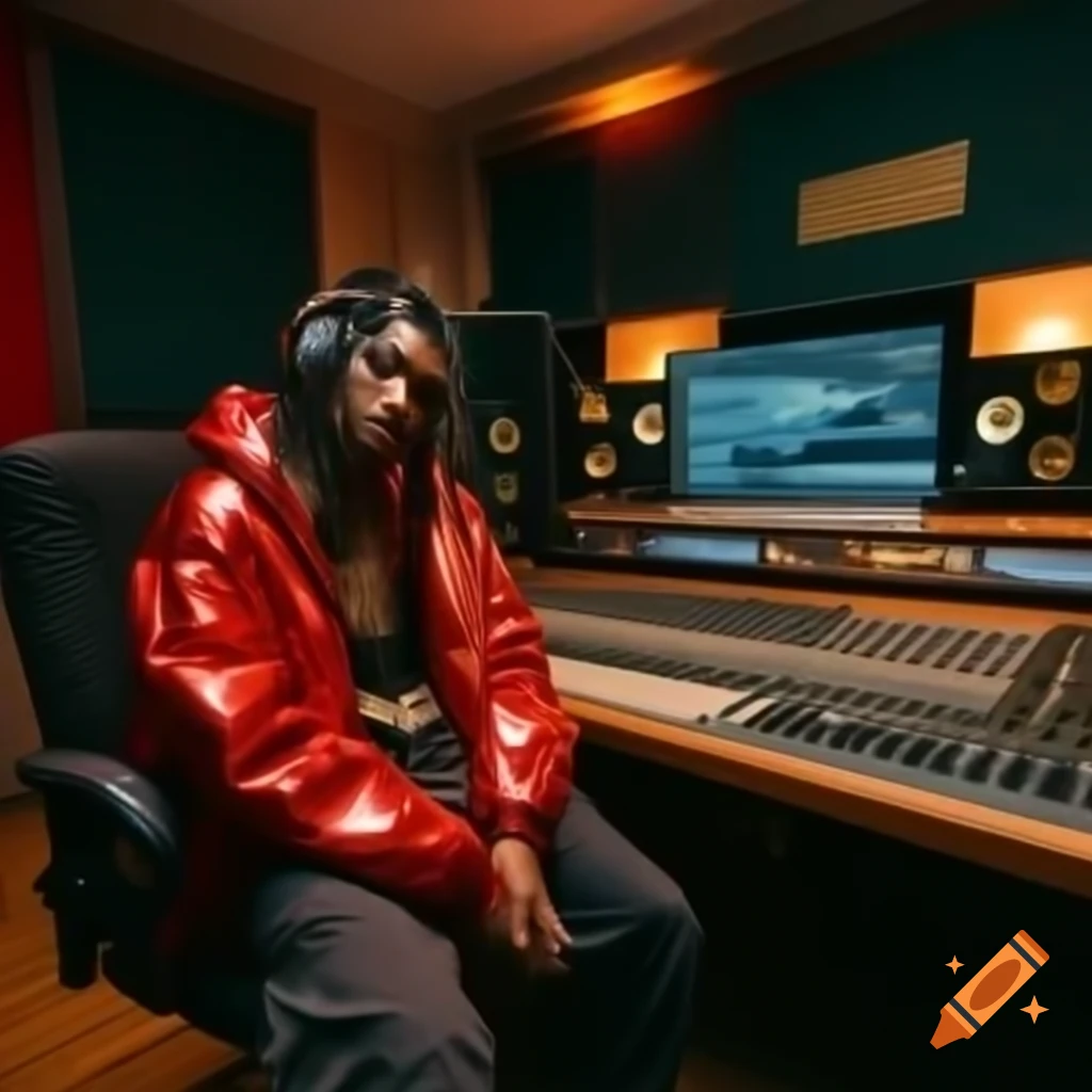 Recording studio with soundproofing panels and a person with long dreadlocks