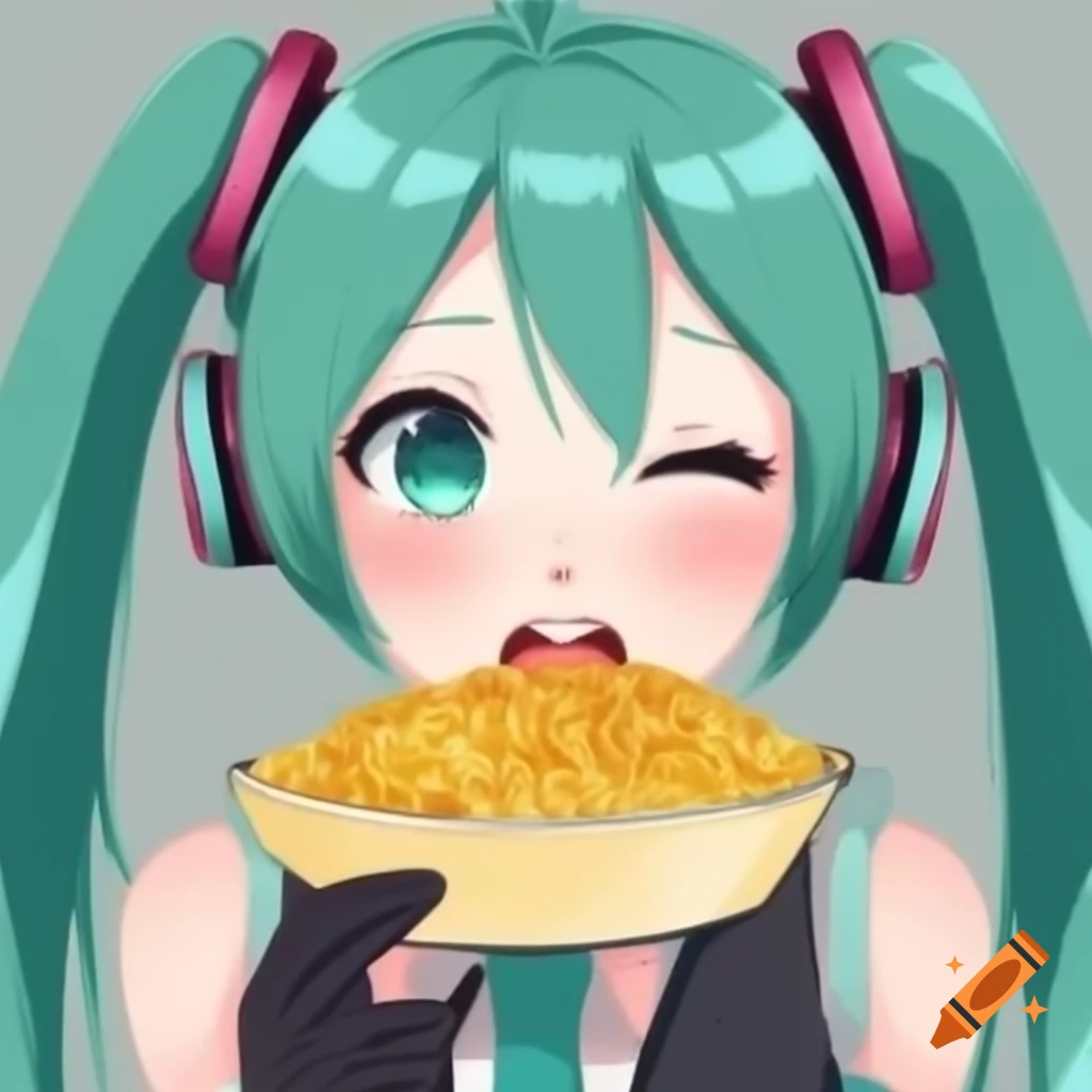 Character Miku with mac and cheese noodles styled as ponytails