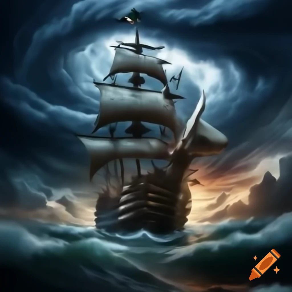 Pirate ship braving a massive storm, A3 size illustration