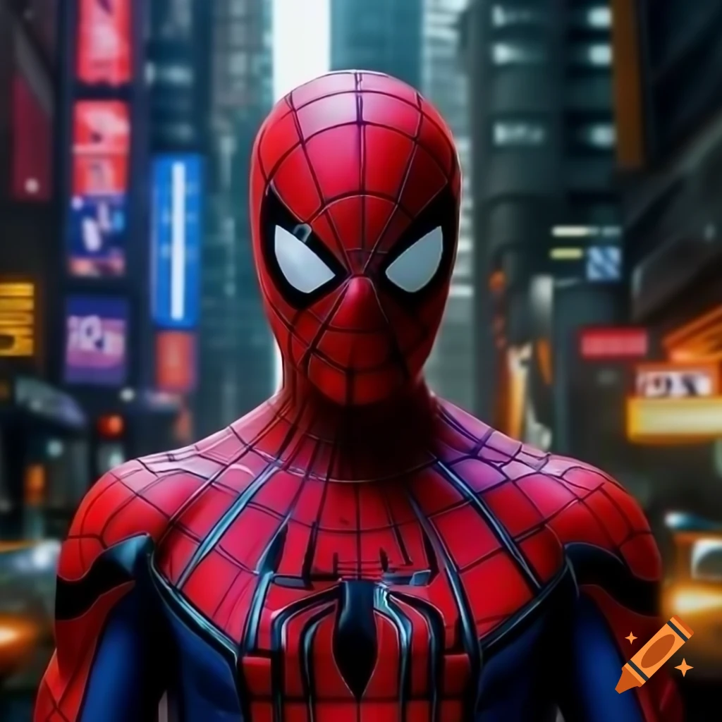 Spider-Man in cyberpunk cityscape with neon lights and futuristic buildings