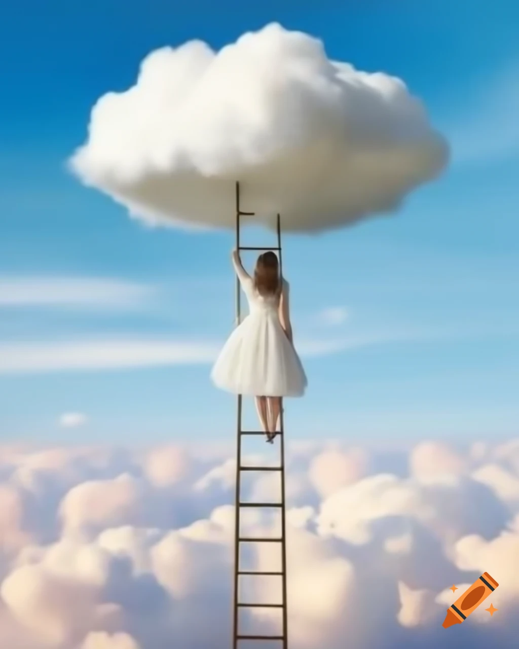 Woman in white dress climbing ladder into pastel cloud-filled sky, watercolor style