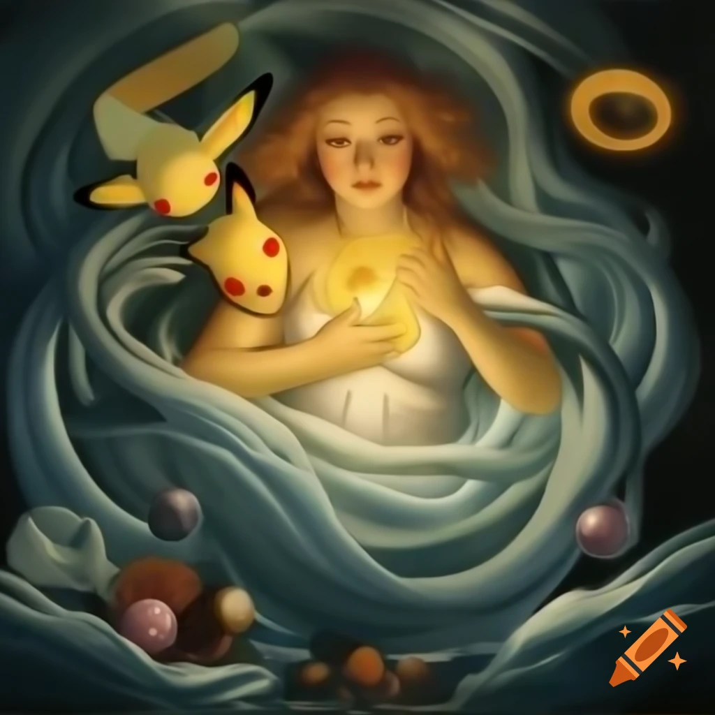 Radiant Pikachu in electric sea, inspired by Botticelli's Birth of Venus