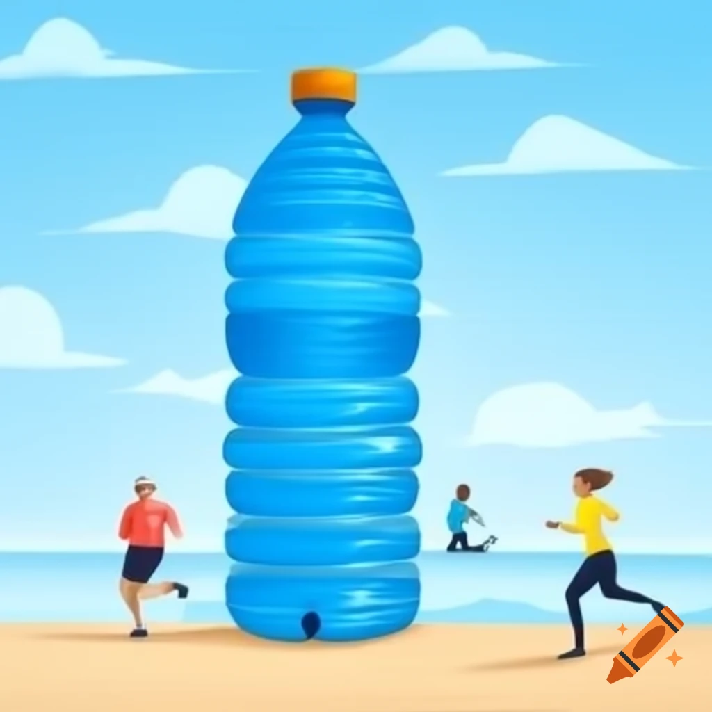 People exercising around a large water bottle