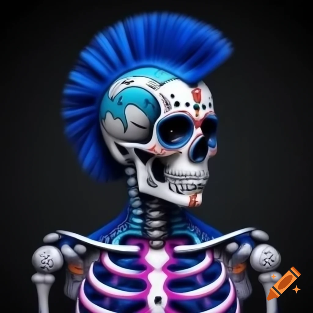 Punk rock Día de Muertos sugar skull with blue mohawk