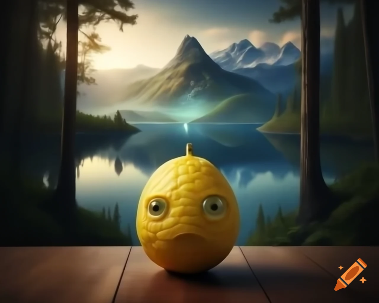 Surreal lemon monster sculpture with human features in forest setting