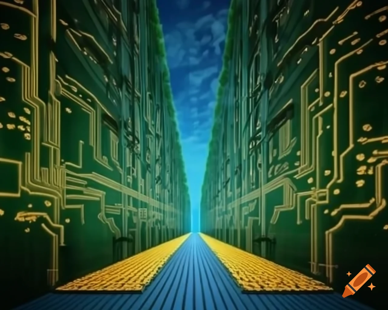 Electronic circuit landscape with data trees and yellow brick path