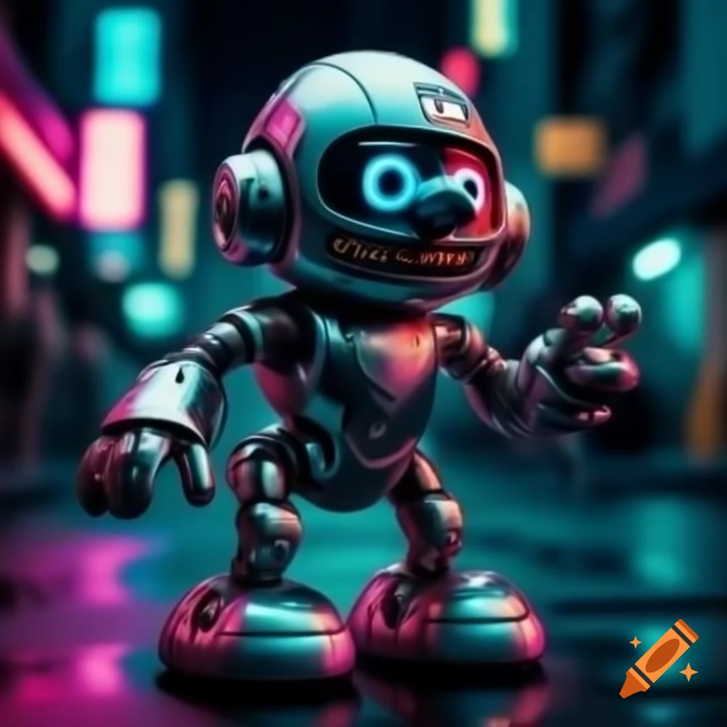 Futuristic humanoid robot dancing energetically with glowing smile and LED eyes