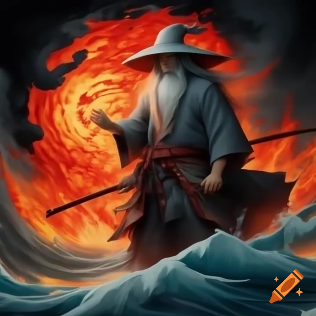 Ukiyo-e style print of Gandalf riding lava sea, staff raised triumphantly