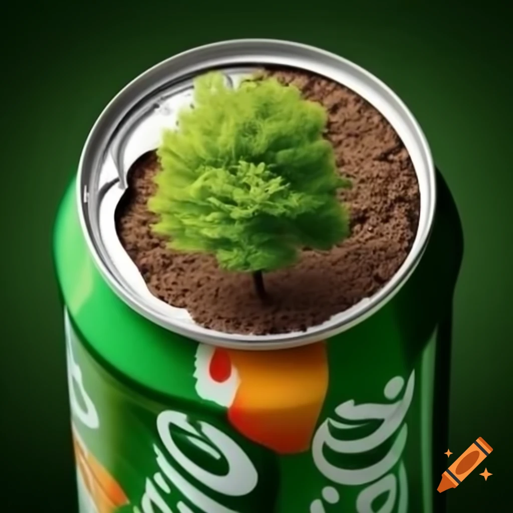 Tree emerging from a soda can, symbolizing nature and recycling