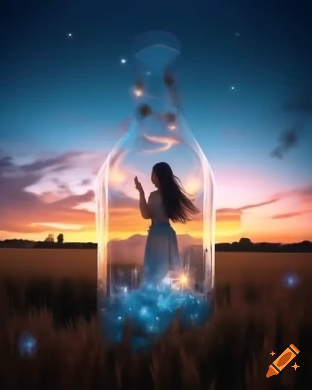Woman in field at sunset releasing glowing stars into the sky