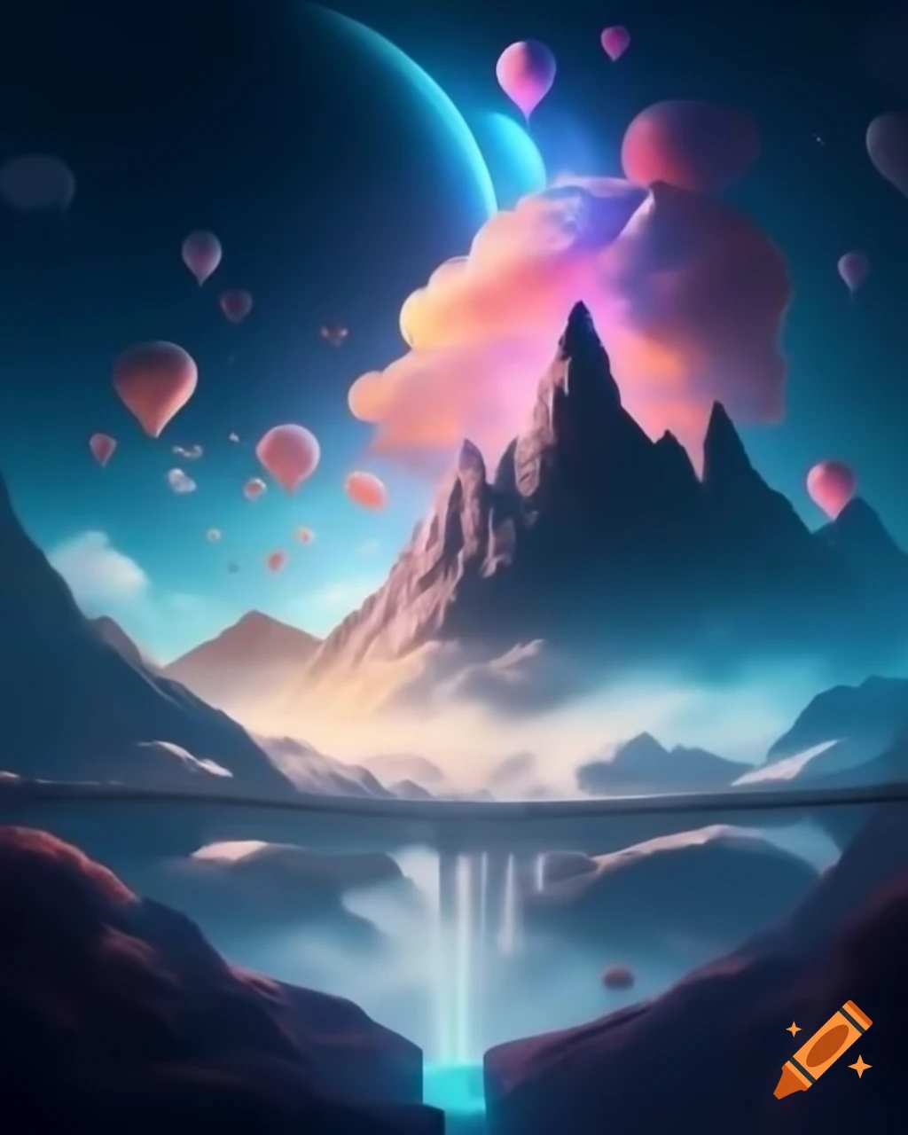 Surreal mountain crags with glowing peaks and jellyfish hot air balloons