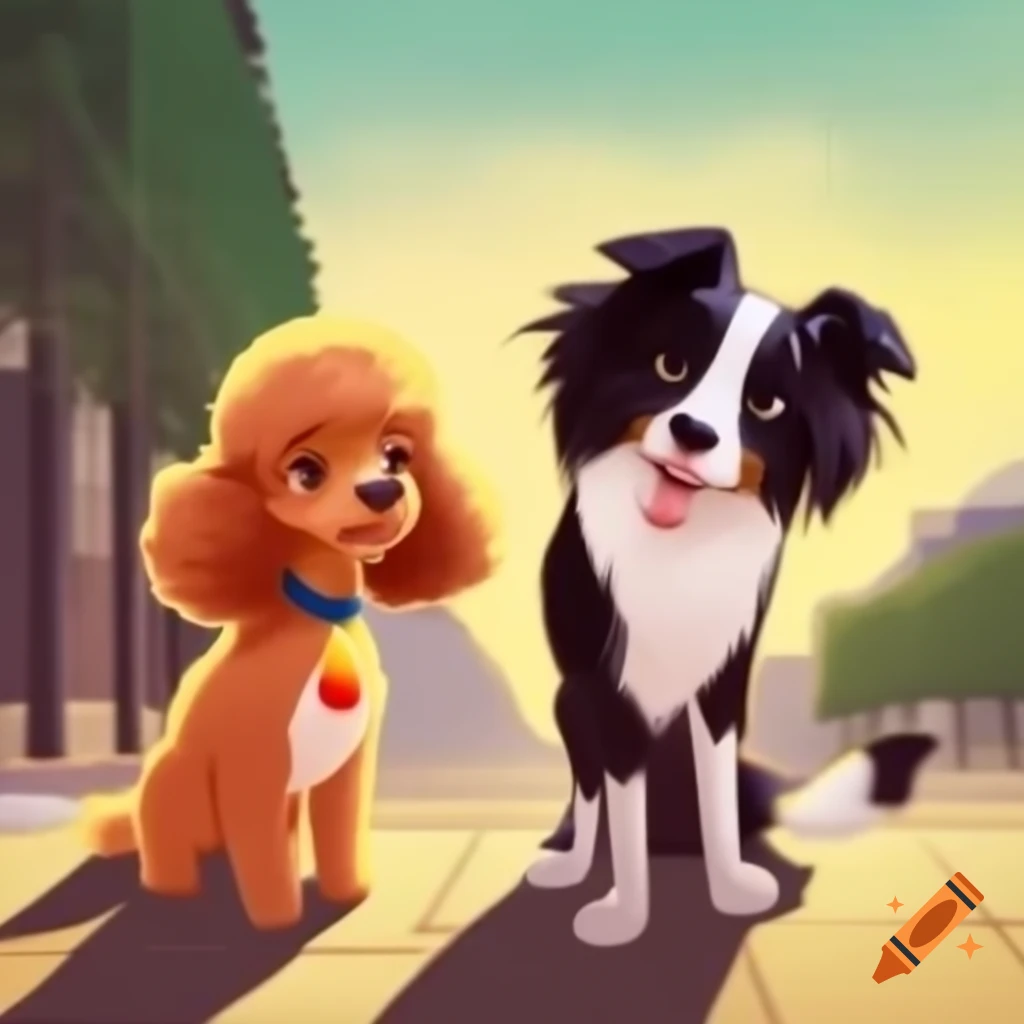 Poodle and border collie side by side in paris vintage cartoon style on Craiyon
