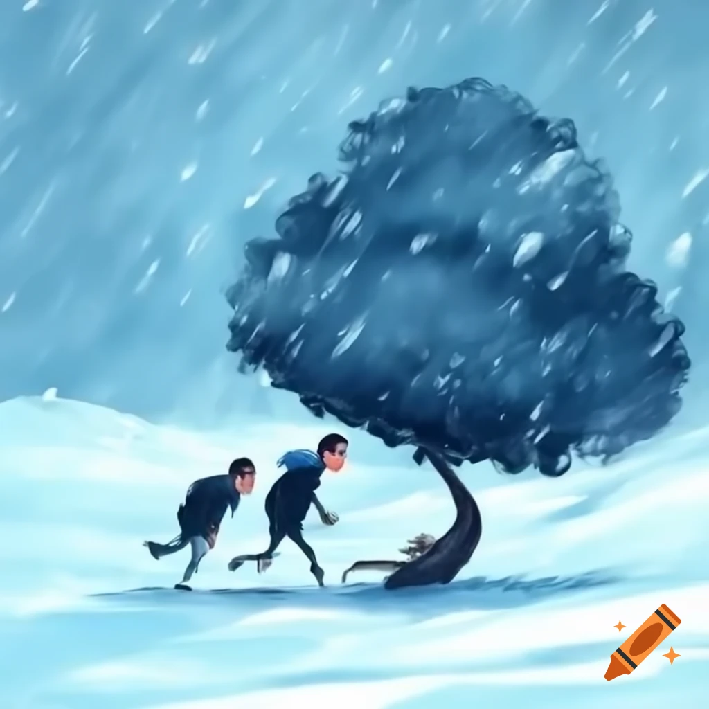 Two men taking shelter under a tree during a snowstorm