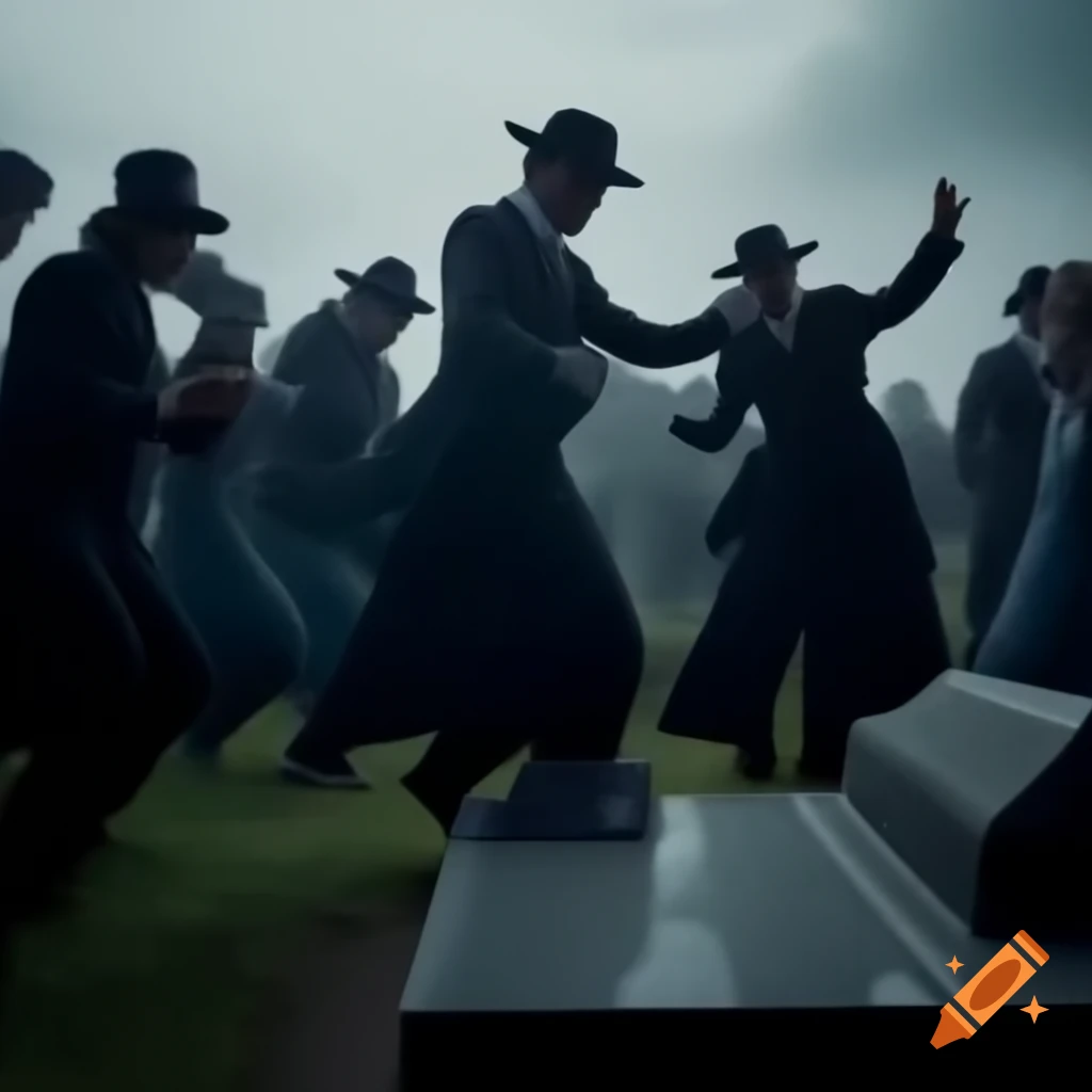 Wealthy individuals dancing near a gravestone