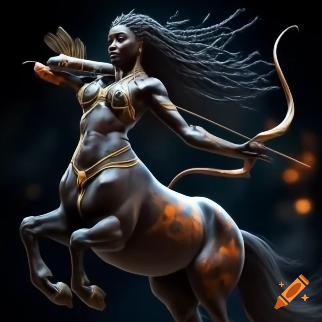 Graceful black centaur with dreadlocks and bow, symbolizing Sagittarius with Zodiac symbols
