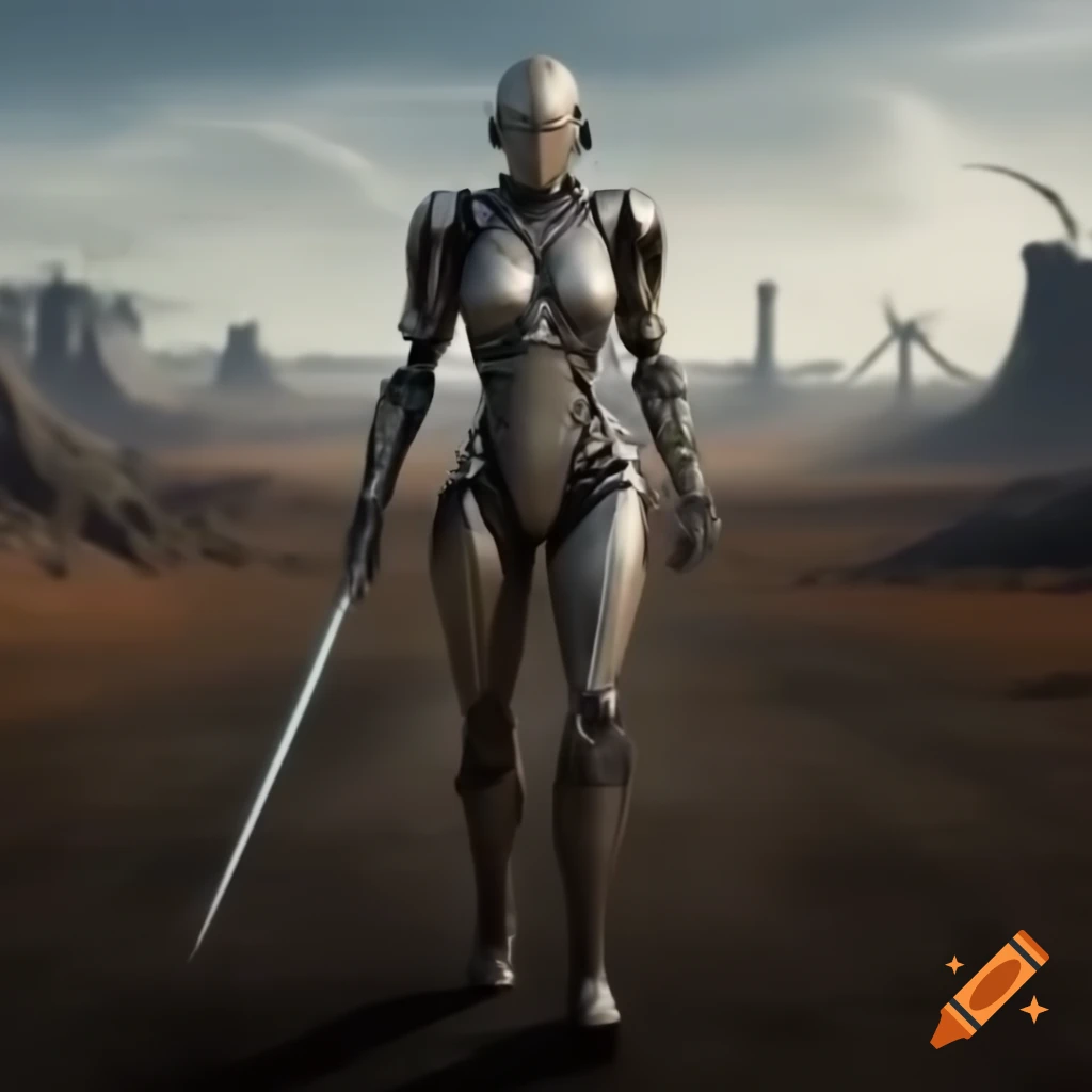 Cyborg warrior standing in wasteland