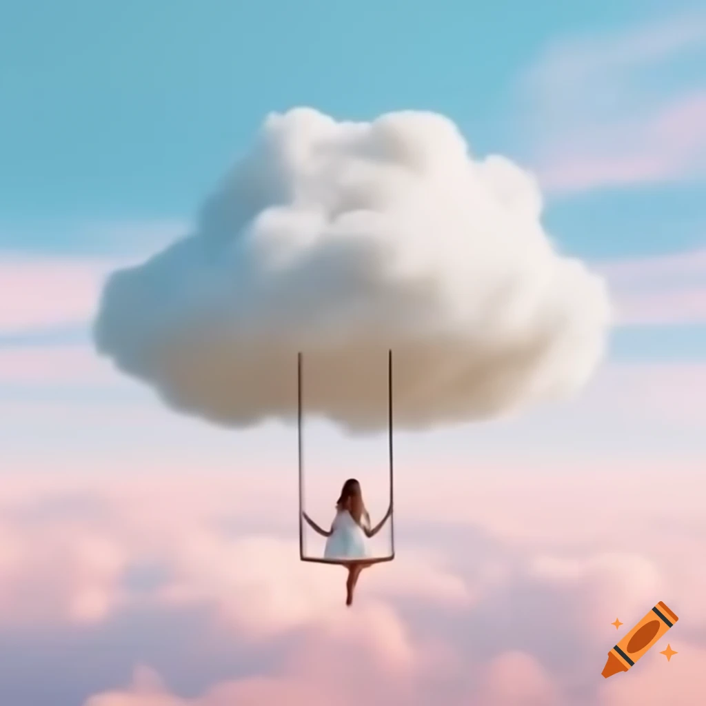 Woman in white dress swinging from fluffy cloud in pastel sky
