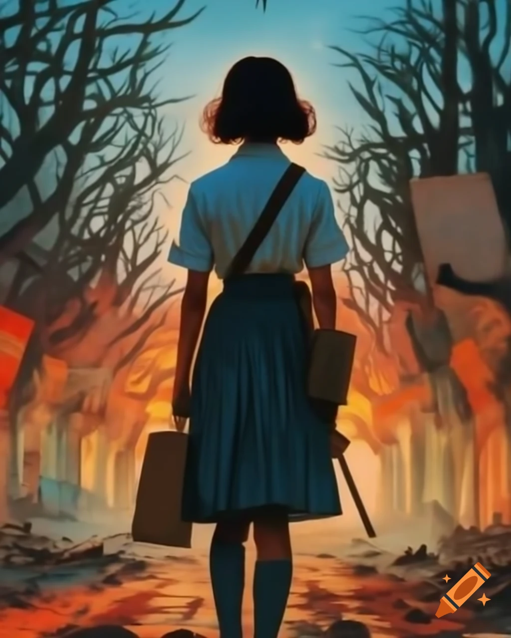 Japanese actress in torn school uniform at school entrance surrounded by dead trees, vintage rom-com style