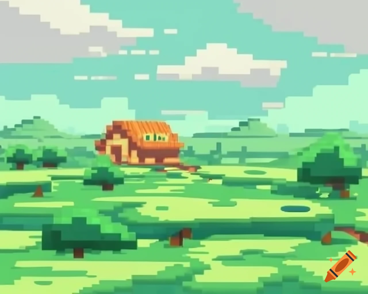 Pixel-art ranch with light green hue