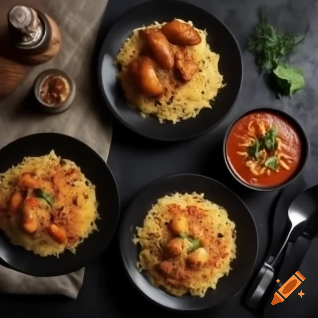 Top view of rustic plates with butter chicken, chicken biryani, rogan josh, pizza, and spaghetti surrounded by spices
