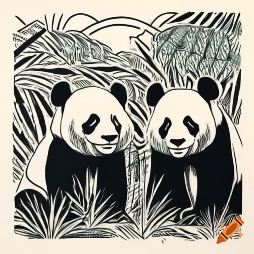 Linocut print of panda in natural habitat, contrasting with extinction emphasis