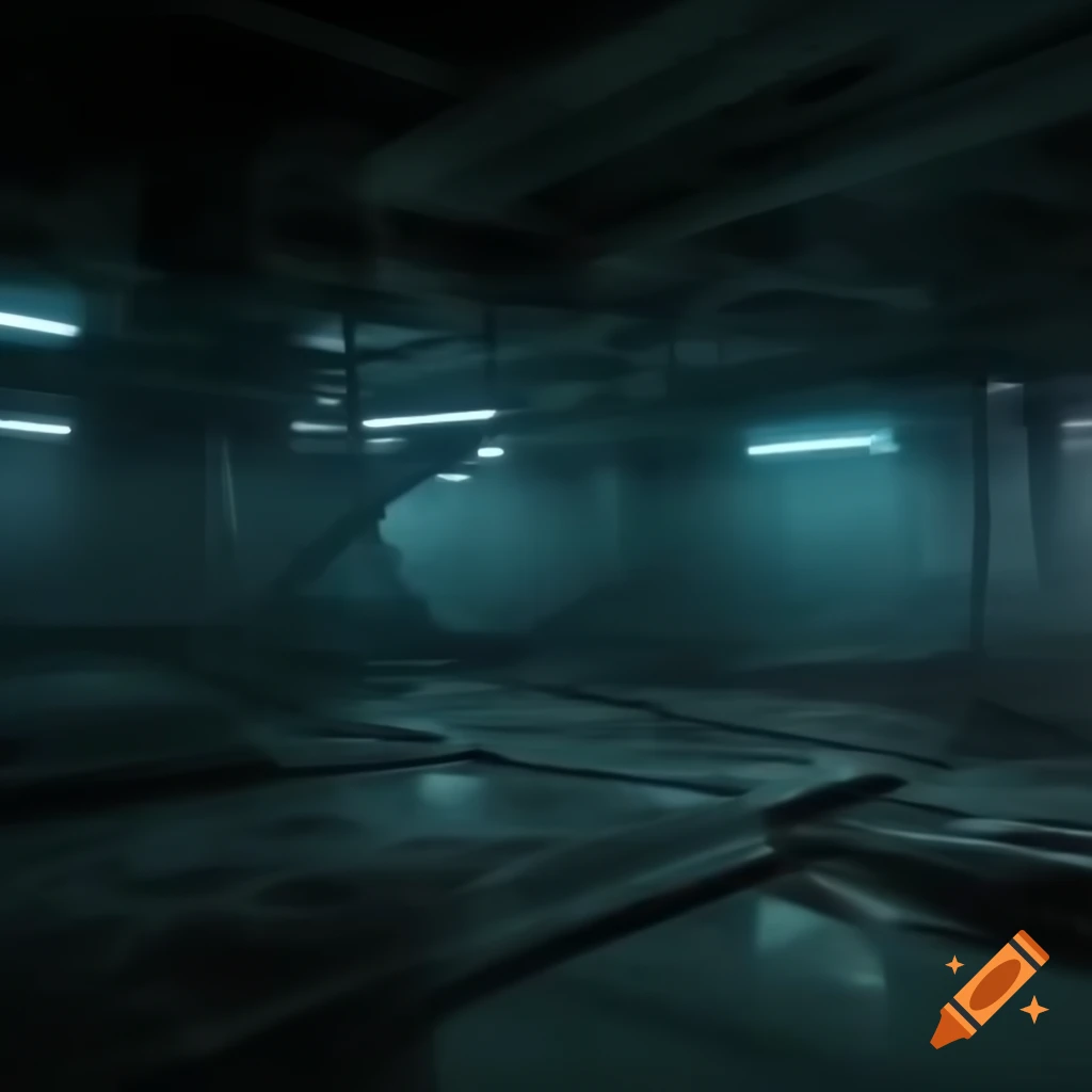 Dystopian cyberpunk underground nightclub with graffiti and metal walls, high contrast shading
