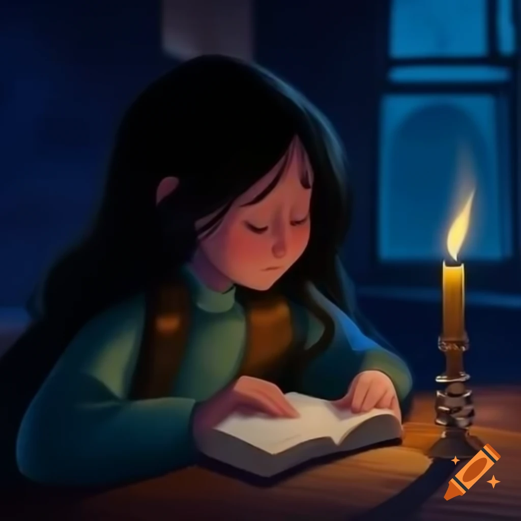 Girl reading book by candlelight in dark bar, conveying sadness