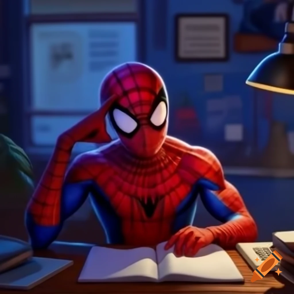 Photorealistic school portrait of spider man atop a building in a