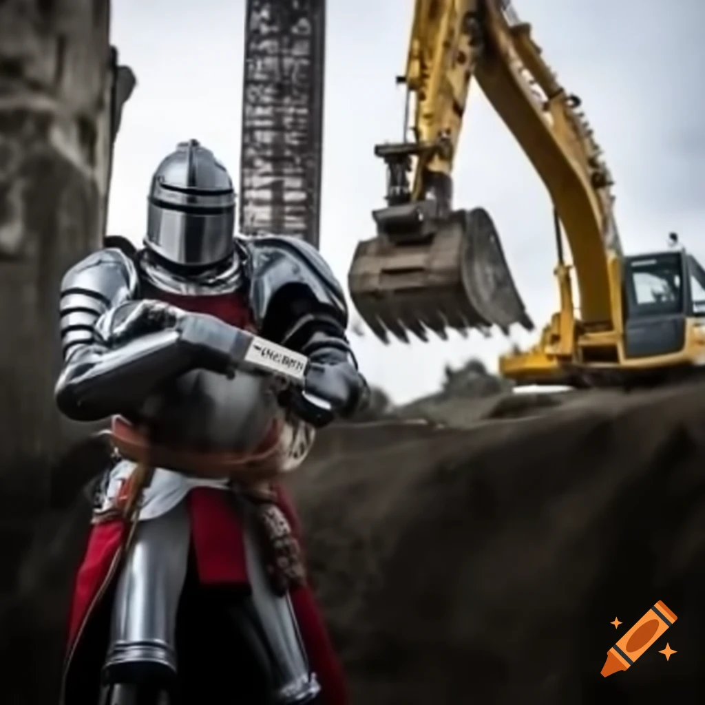 Knight dubbing another knight with a construction tool
