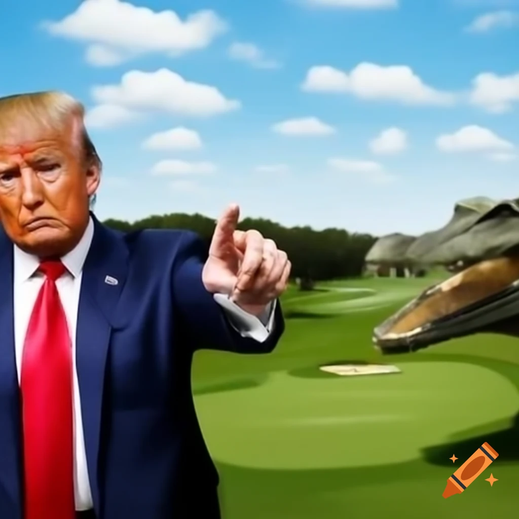 Photorealistic satire of Donald Trump golfing, chased by giant alligator