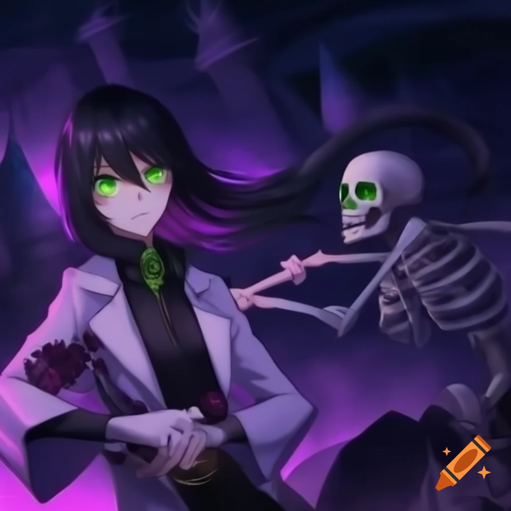 Anime mad scientist dancing with skeleton in a castle setting