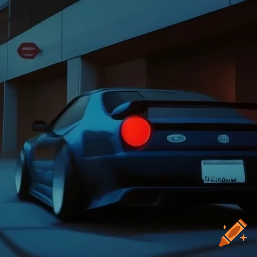 Dark blue car with red lights in front of half-built building, realistic style