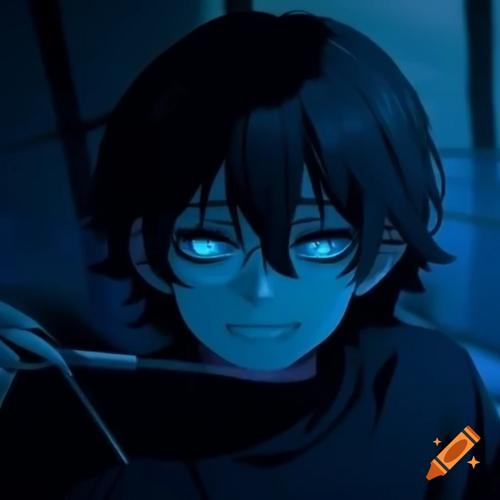 Young man with short long hair and blue glowing eyes smiling in dim lighting