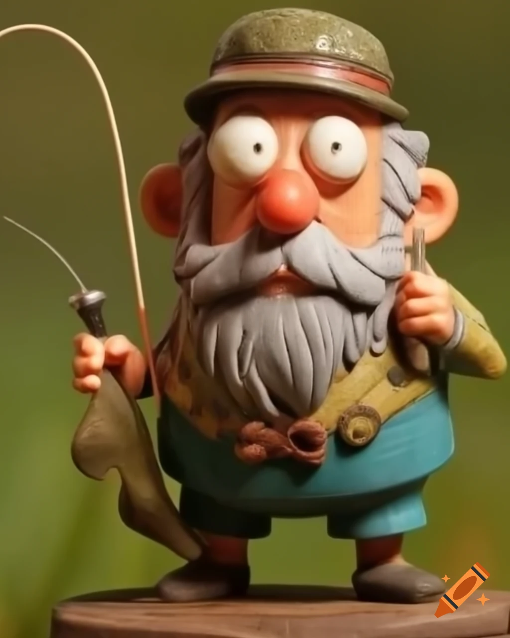 Close up of stop motion figure of an elderly man fishing