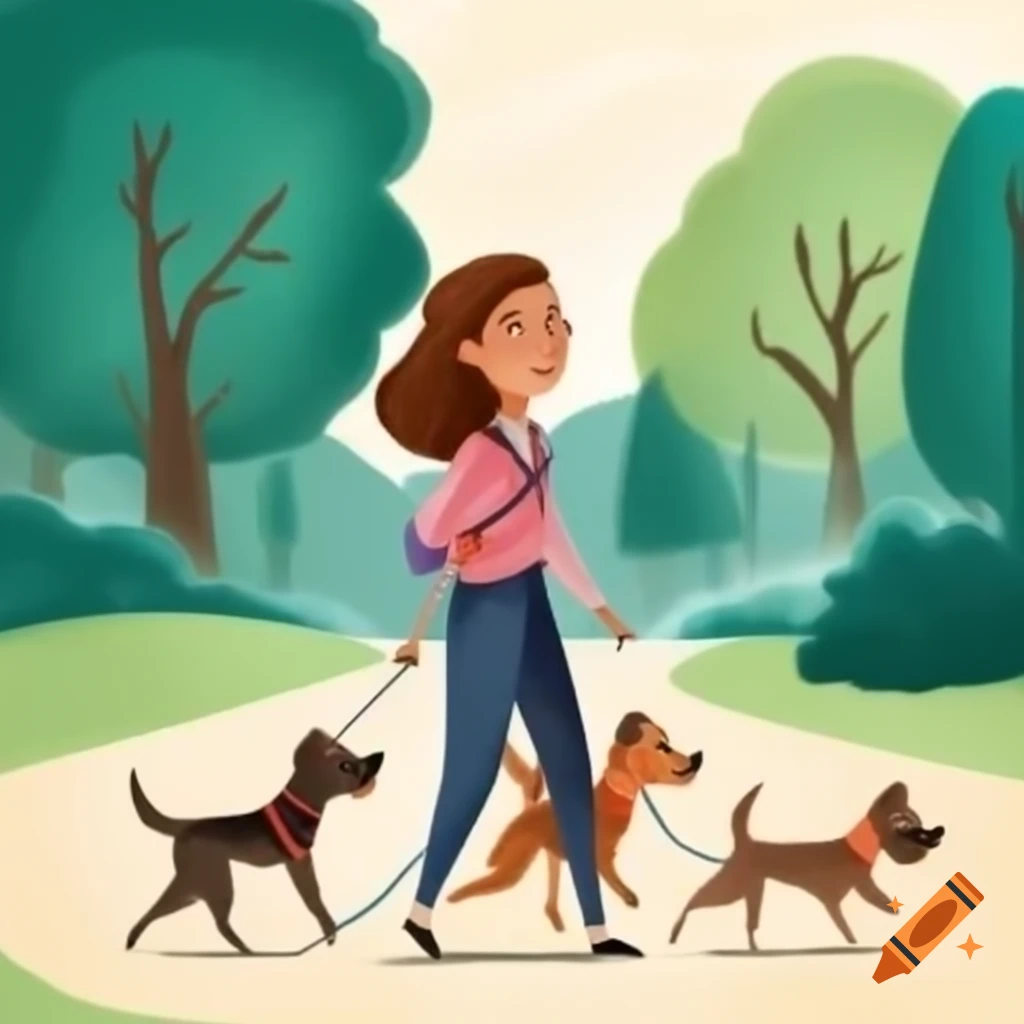 Happy woman walking several dogs