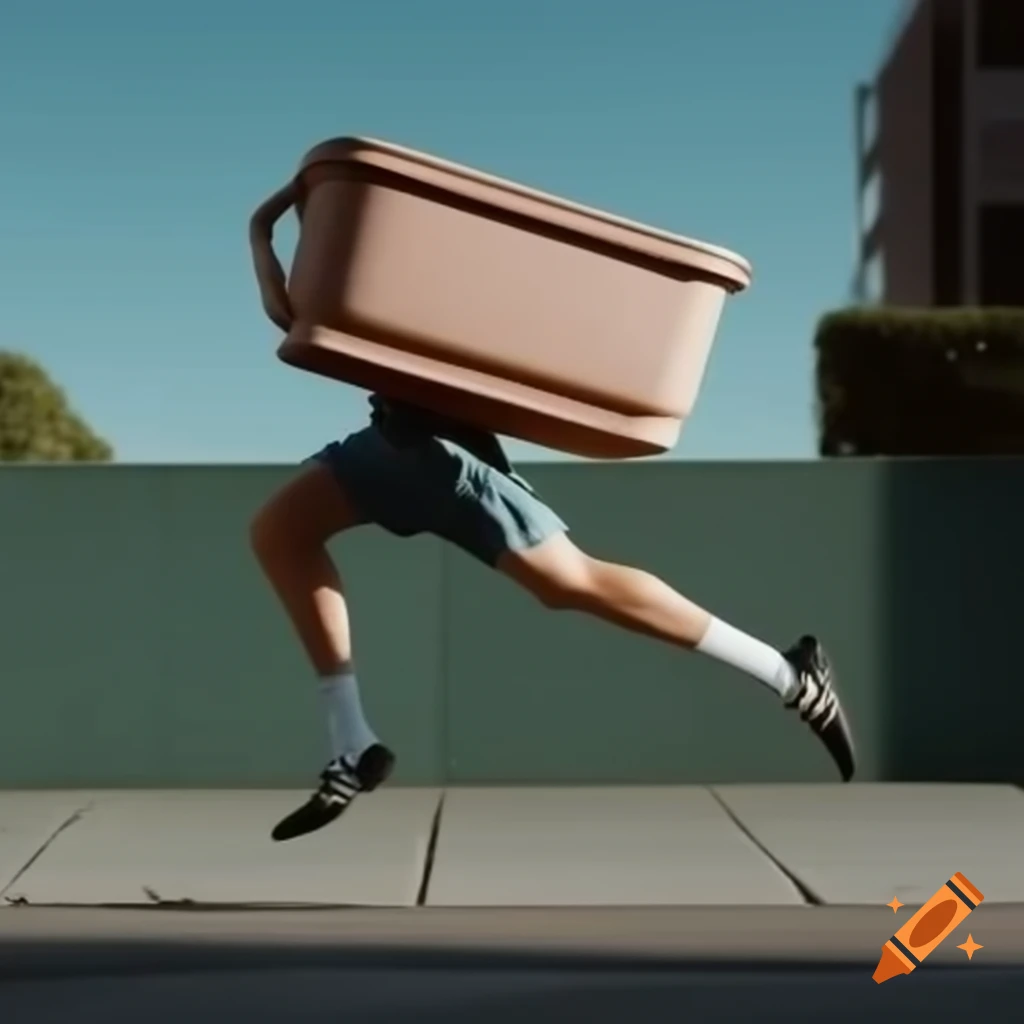 Container moving on human legs through urban street