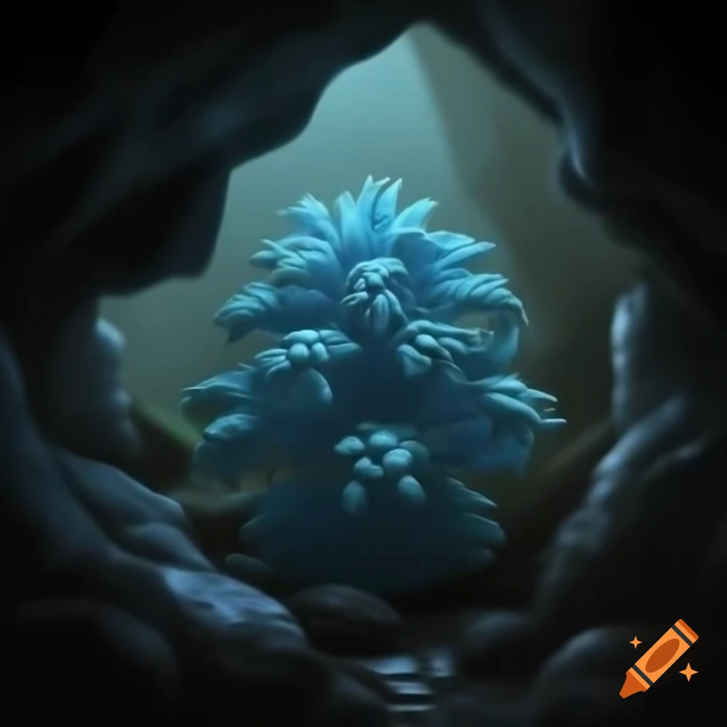 Blue orc with mushroom in dark cave setting