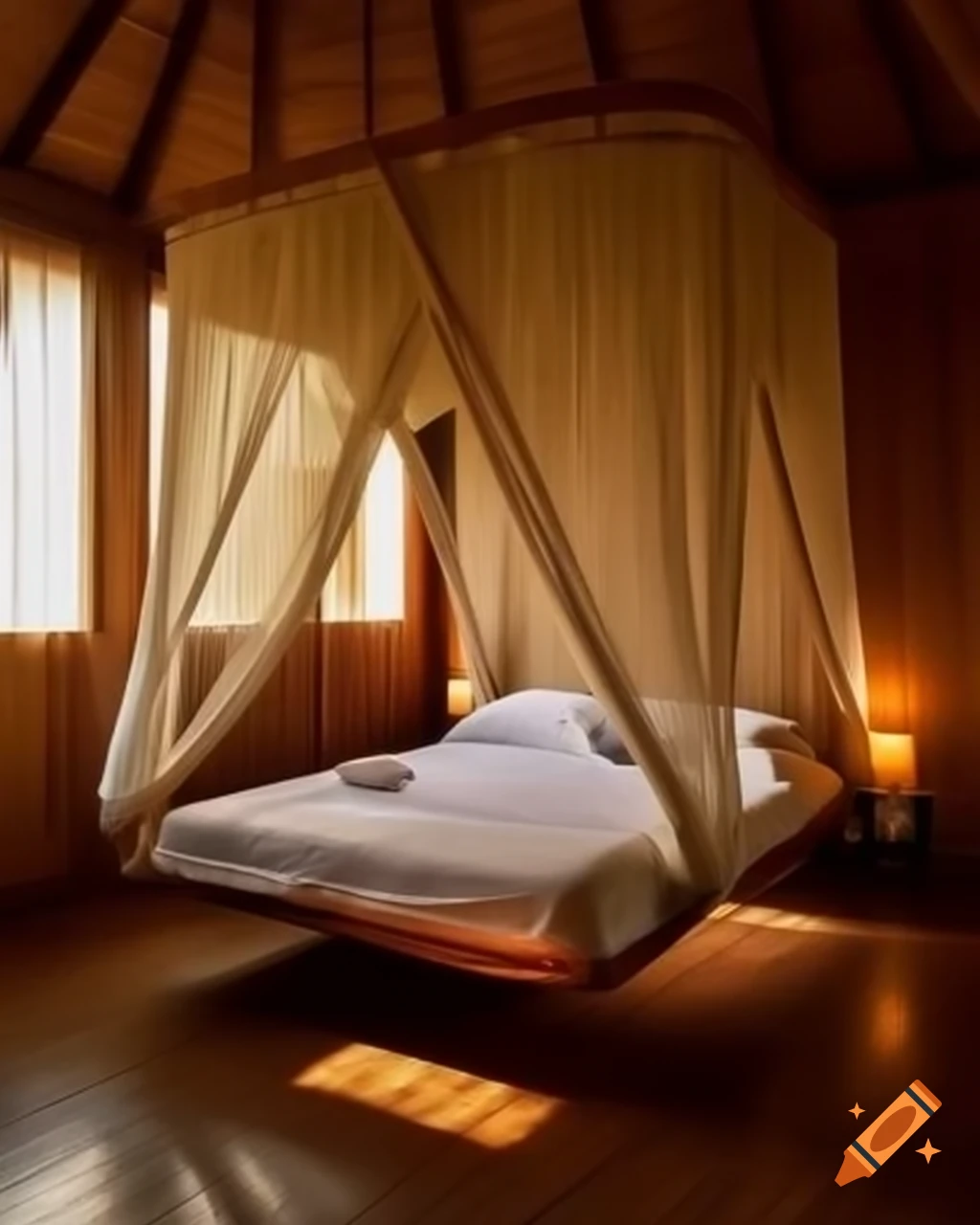 Serene minimalist bedroom with bamboo bed and natural sunlight