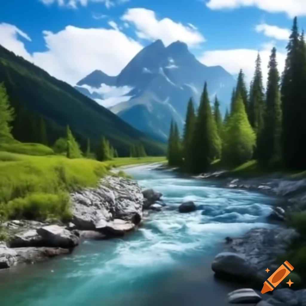 Scenic background of snowy mountains, forests, and a river ending in a lake