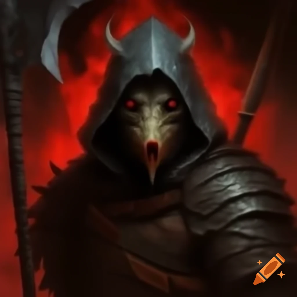 Warrior in crimson-edged steel armor with plague rat mask, brandishing spear against darkness