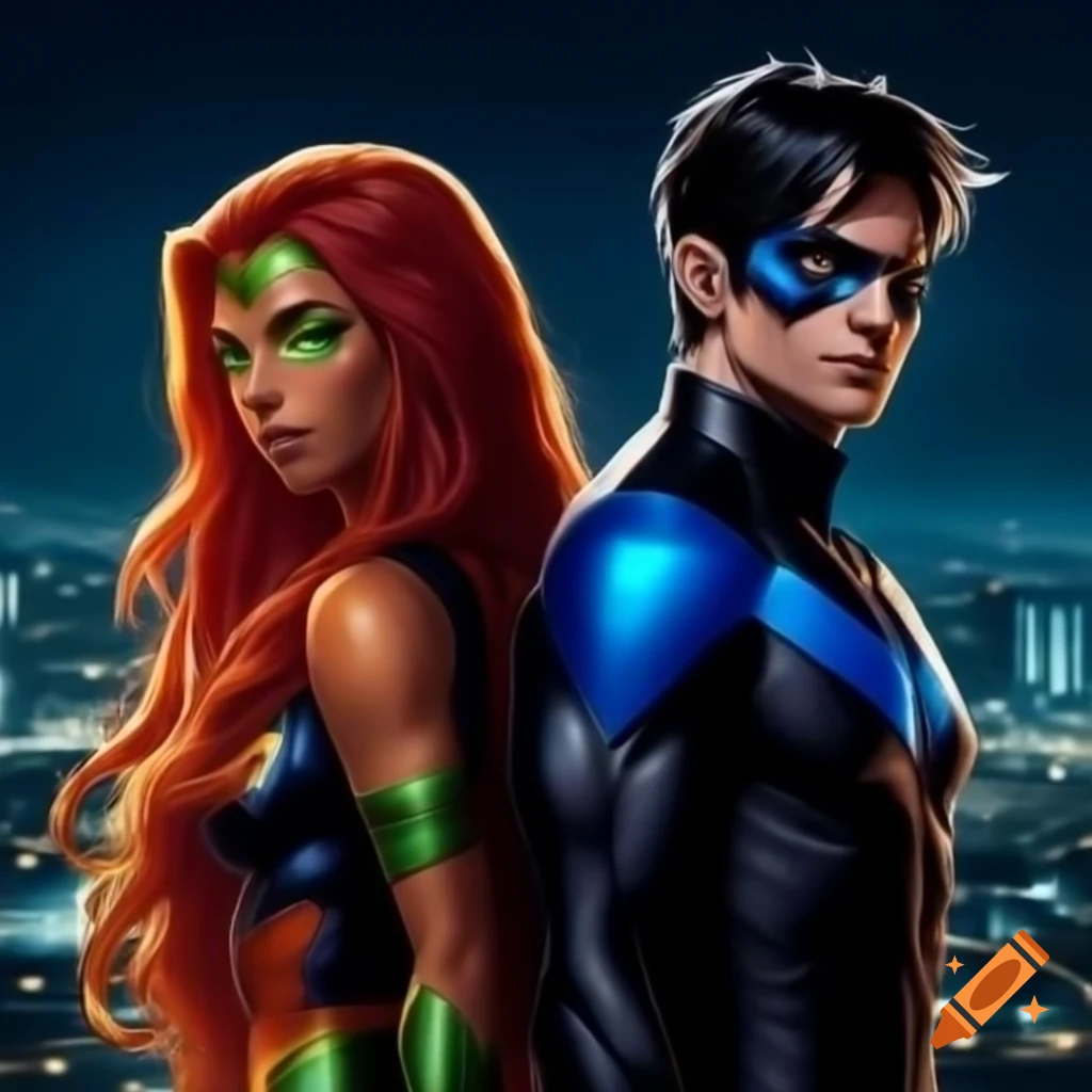 Starfire and Nightwing ready for action against nighttime cityscape, comic style