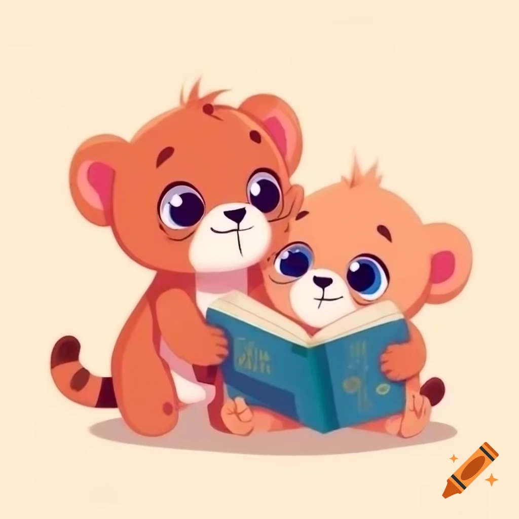 Cartoon cubs reading a book together, vector style