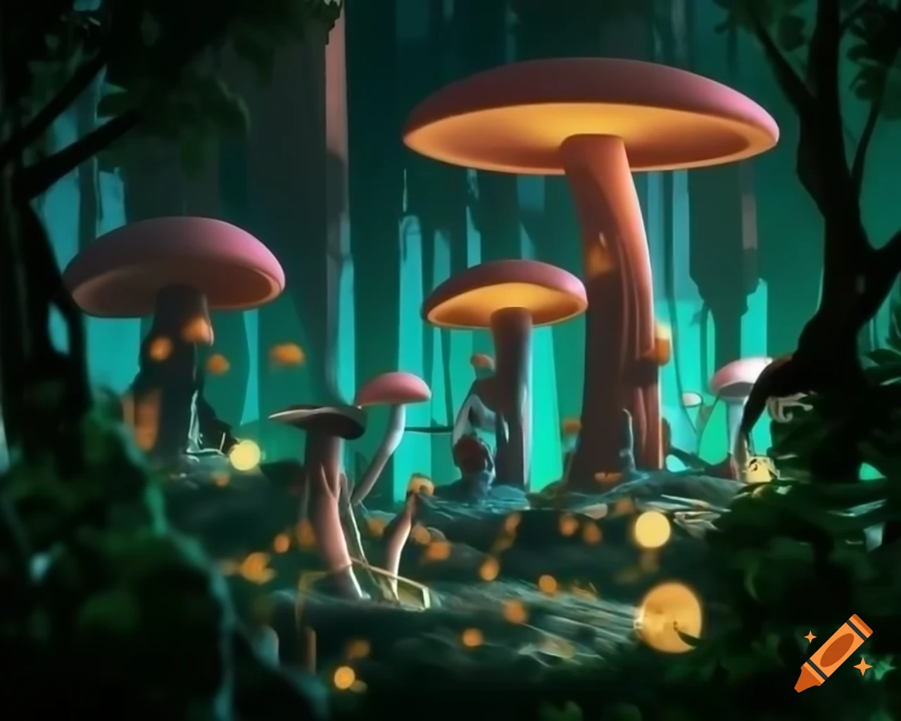 Surreal biopunk forest with glowing bioluminescent trees merging nature and technology